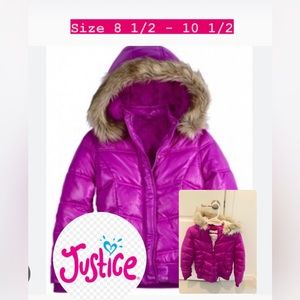 Justice Purple Puffer Winter Jacket Coat/ Faux Fur/ Sherpa/ Size 8 1/2 -10 1/2